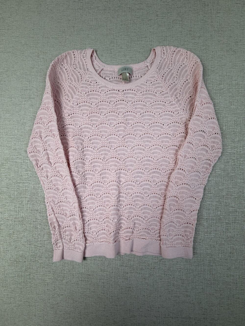 LOFT Womens M Pink Pointelle Open Knit Sweater Long Sleeve Cotton Crewneck